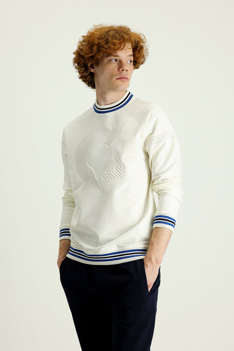 Cream Crew Neck Slim Fit Printed Cotton Sweatshirt