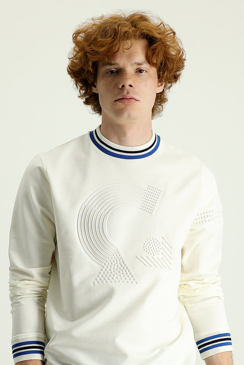 Cream Crew Neck Slim Fit Printed Cotton Sweatshirt