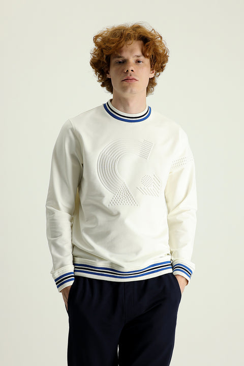 Cream Crew Neck Slim Fit Printed Cotton Sweatshirt