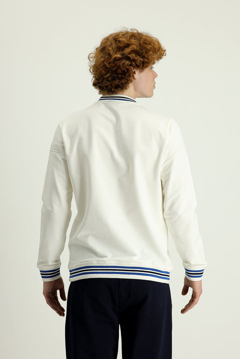 Cream Crew Neck Slim Fit Printed Cotton Sweatshirt