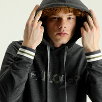 Medium Grey Hooded Slim Fit Printed Cotton Sweatshirt