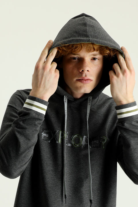 Medium Grey Hooded Slim Fit Printed Cotton Sweatshirt