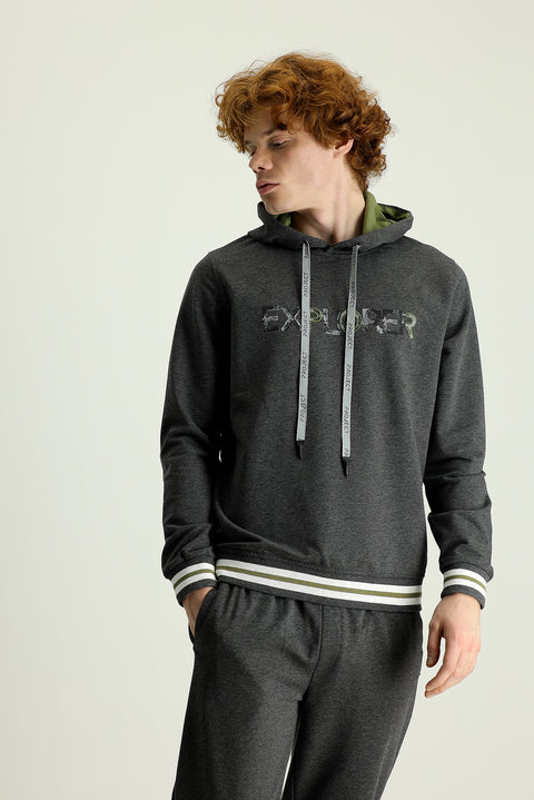 Medium Grey Hooded Slim Fit Printed Cotton Sweatshirt