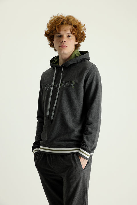 Medium Grey Hooded Slim Fit Printed Cotton Sweatshirt