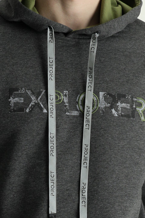 Medium Grey Hooded Slim Fit Printed Cotton Sweatshirt