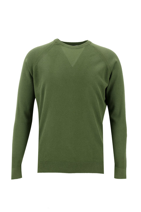 Olive Green Crew Neck Slim Fit Narrow Cut Cotton Knit Sweater