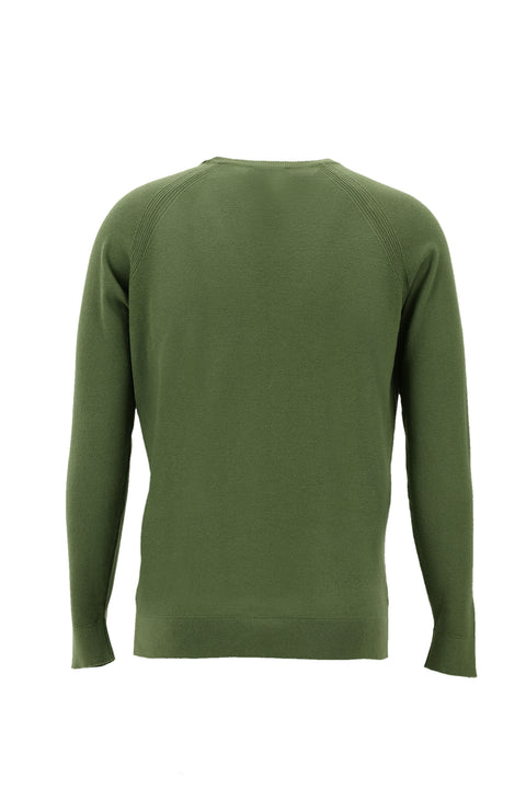 Olive Green Crew Neck Slim Fit Narrow Cut Cotton Knit Sweater