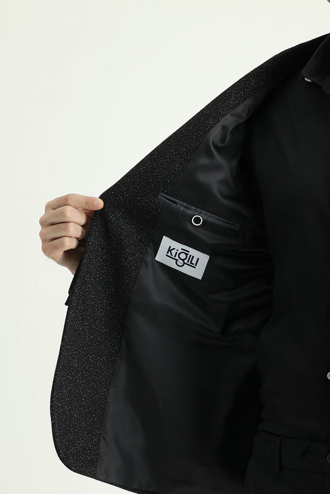 Black 7 Drop Super Slim Fit Extra Narrow Cut Classic Patterned Jacket