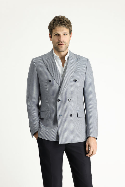 Light Navy Blue 6 Drop Regular Fit Standard Cut Double-Breasted Striped Jacket