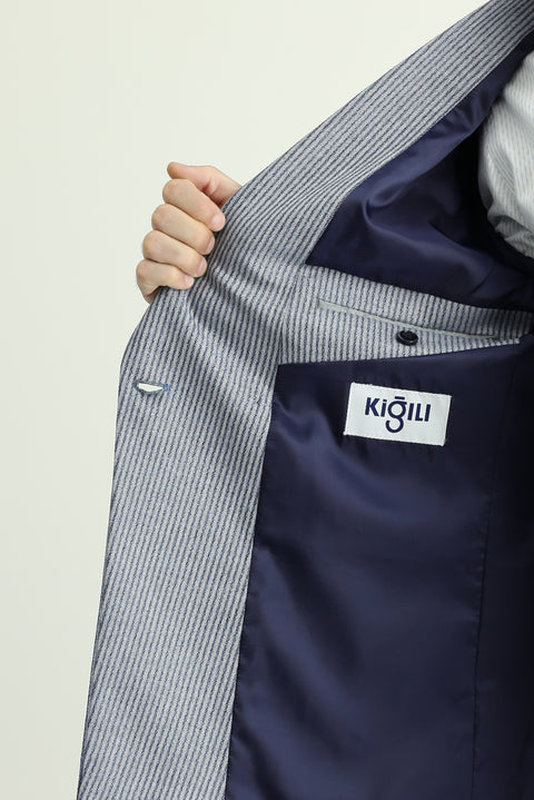 Light Navy Blue 6 Drop Regular Fit Standard Cut Double-Breasted Striped Jacket