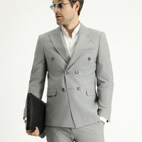 Medium Grey 7 Drop Slim Fit Striped Double-Breasted Jacket