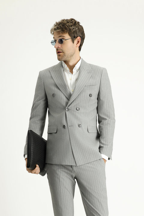 Medium Grey 7 Drop Slim Fit Striped Double-Breasted Jacket