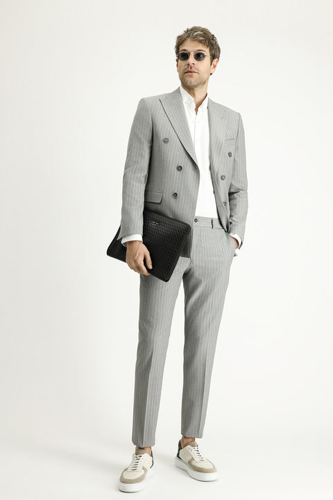 Medium Grey 7 Drop Slim Fit Striped Double-Breasted Jacket