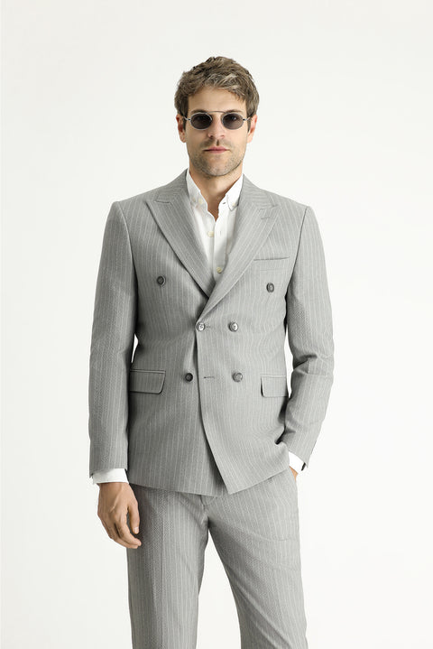 Medium Grey 7 Drop Slim Fit Striped Double-Breasted Jacket