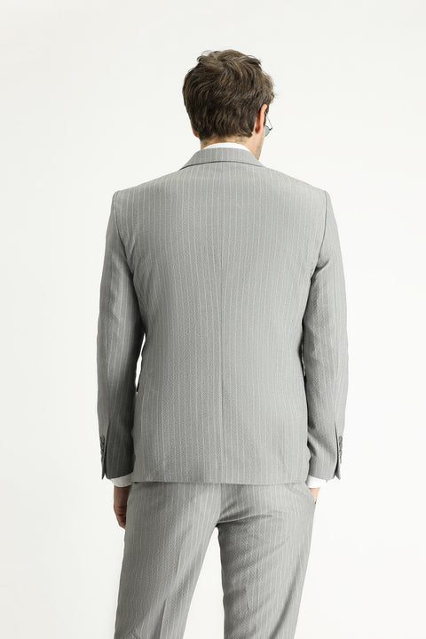 Medium Grey 7 Drop Slim Fit Striped Double-Breasted Jacket
