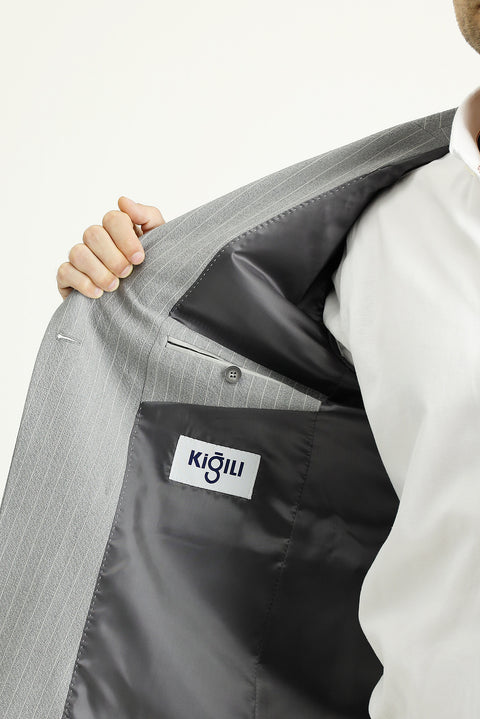 Medium Grey 7 Drop Slim Fit Striped Double-Breasted Jacket