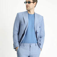 Light Blue 7 Drop Slim Fit Striped Double-Breasted Jacket