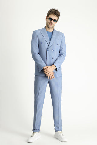  Açık Mavi 7 Drop Slim Fit Dar Kesim Çizgili Kruvaze Ceket