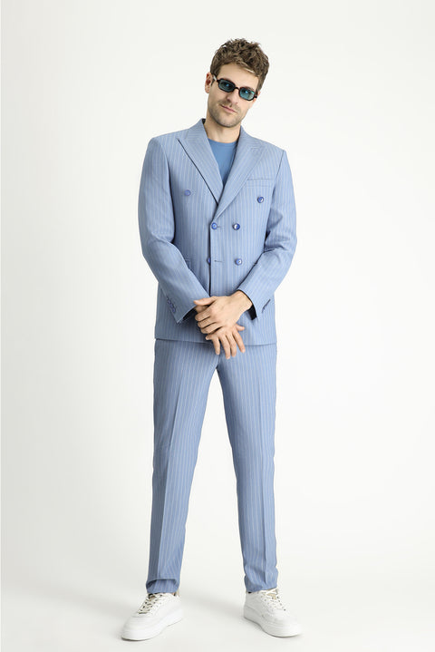 Light Blue 7 Drop Slim Fit Striped Double-Breasted Jacket