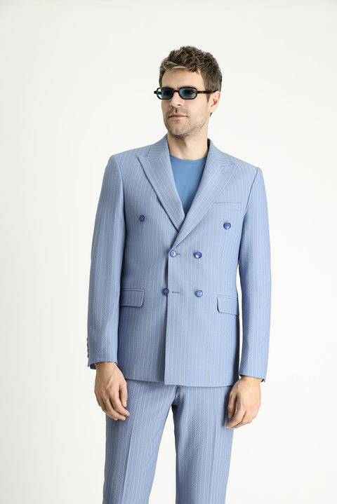 Light Blue 7 Drop Slim Fit Striped Double-Breasted Jacket