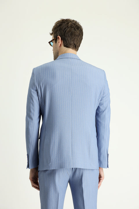 Light Blue 7 Drop Slim Fit Striped Double-Breasted Jacket