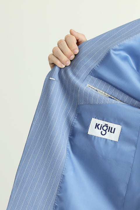 Light Blue 7 Drop Slim Fit Striped Double-Breasted Jacket