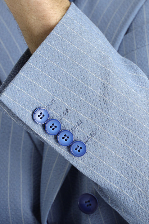 Light Blue 7 Drop Slim Fit Striped Double-Breasted Jacket