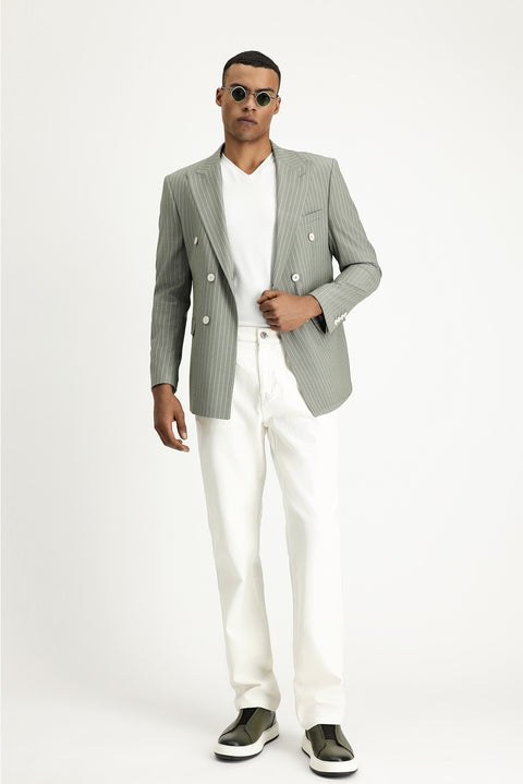 Moss Green 7 Drop Slim Fit Striped Double-Breasted Jacket