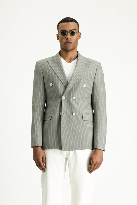 Moss Green 7 Drop Slim Fit Striped Double-Breasted Jacket