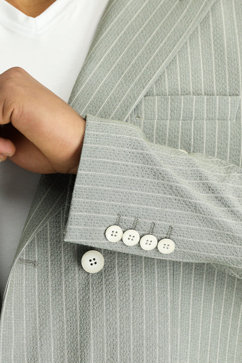 Moss Green 7 Drop Slim Fit Striped Double-Breasted Jacket