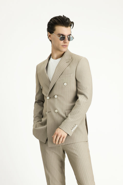 Medium Mink 7 Drop Slim Fit Striped Double-Breasted Jacket
