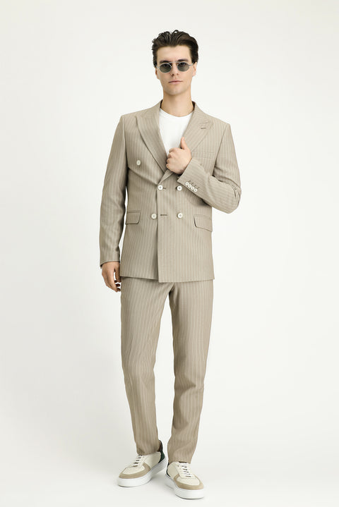 Medium Mink 7 Drop Slim Fit Striped Double-Breasted Jacket