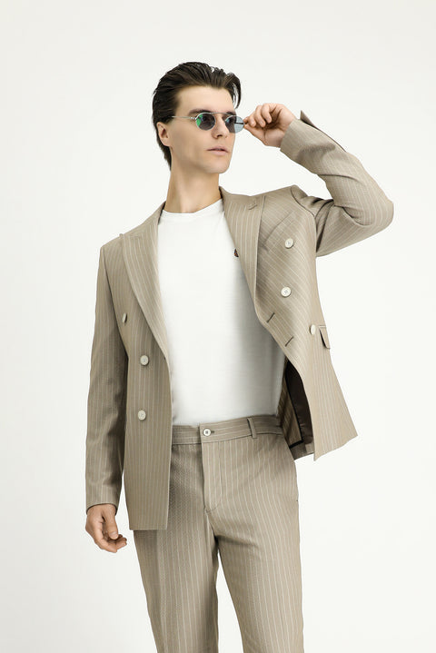 Medium Mink 7 Drop Slim Fit Striped Double-Breasted Jacket