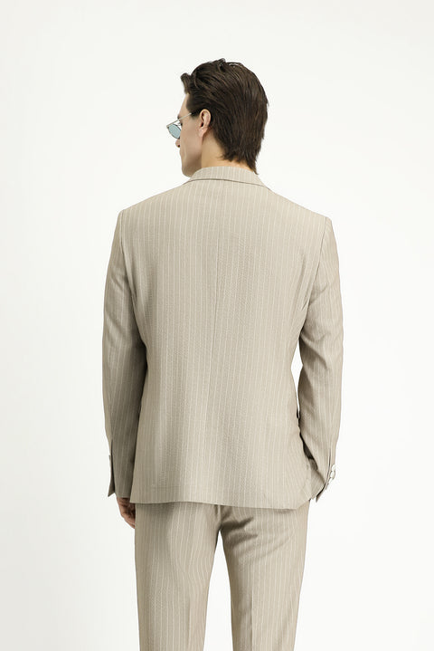 Medium Mink 7 Drop Slim Fit Striped Double-Breasted Jacket