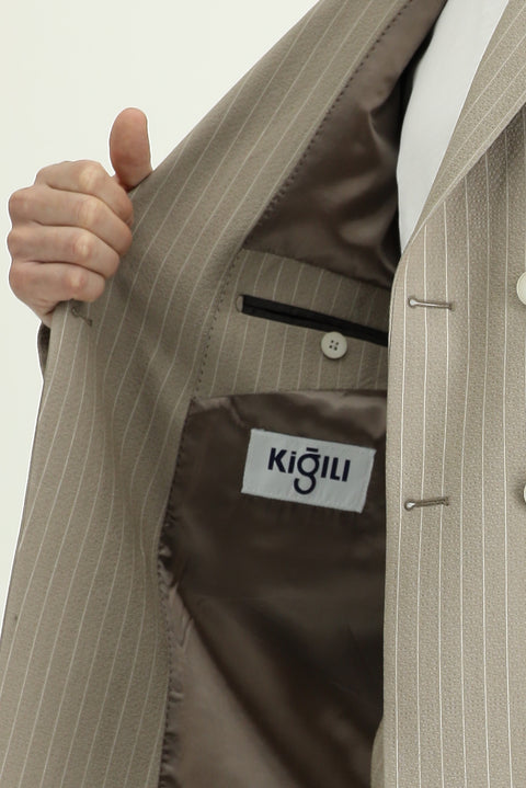 Medium Mink 7 Drop Slim Fit Striped Double-Breasted Jacket