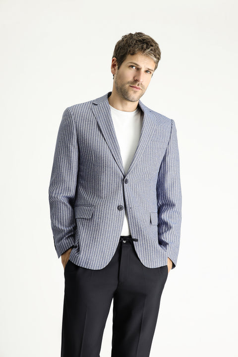Medium Navy 6 Drop Regular Fit Striped Linen Blend Jacket