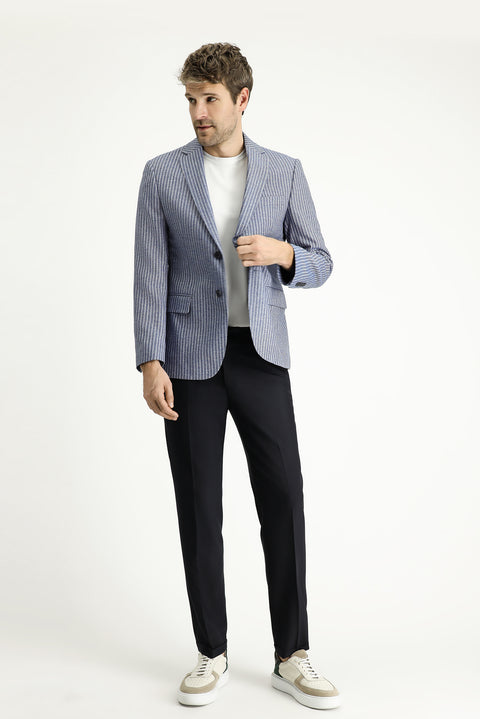Medium Navy 6 Drop Regular Fit Striped Linen Blend Jacket