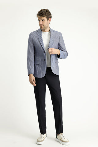  Orta Lacivert 7 Drop Slim Fit Dar Kesim Çizgili Keten Karışımlı Ceket