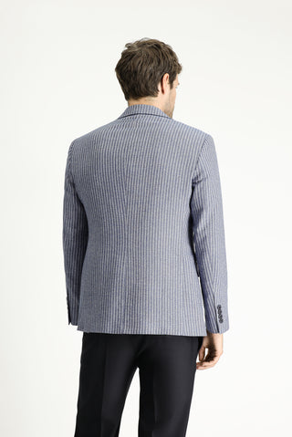  Orta Lacivert 7 Drop Slim Fit Dar Kesim Çizgili Keten Karışımlı Ceket
