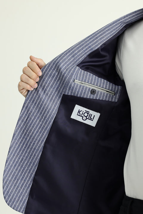 Medium Navy 6 Drop Regular Fit Striped Linen Blend Jacket