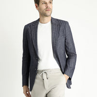 Dark Navy 6 Drop Regular Fit Striped Linen Blend Jacket