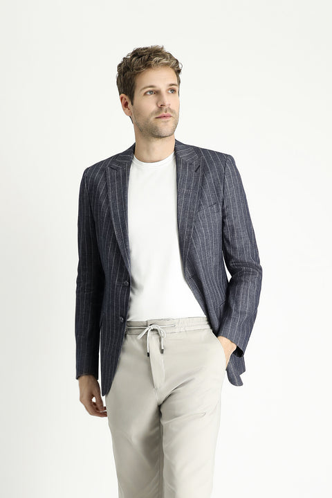 Dark Navy 6 Drop Regular Fit Striped Linen Blend Jacket