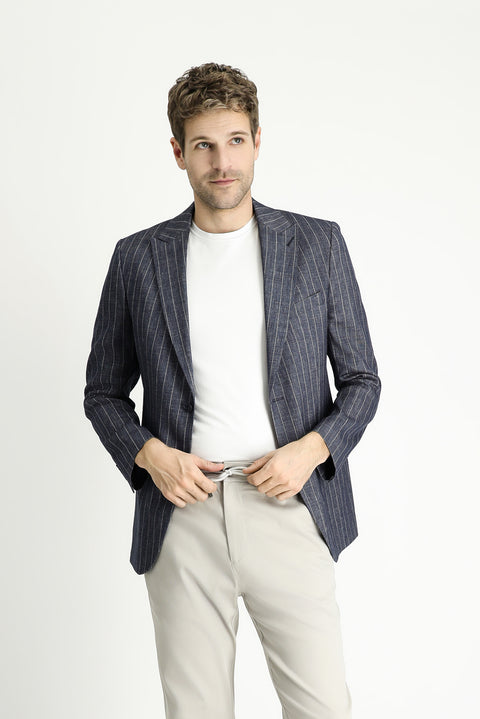 Dark Navy 6 Drop Regular Fit Striped Linen Blend Jacket