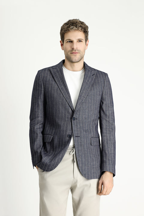Dark Navy 6 Drop Regular Fit Striped Linen Blend Jacket