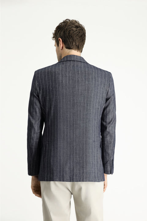 Dark Navy 6 Drop Regular Fit Striped Linen Blend Jacket