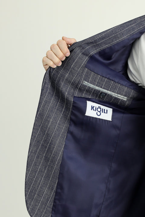 Dark Navy 6 Drop Regular Fit Striped Linen Blend Jacket