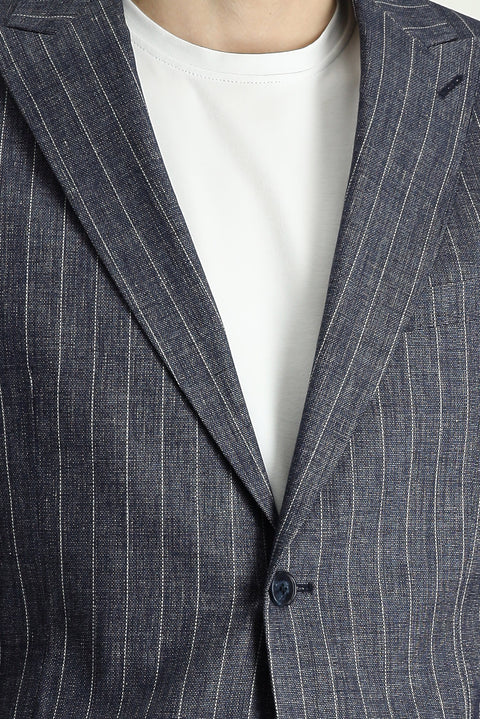 Dark Navy 6 Drop Regular Fit Striped Linen Blend Jacket