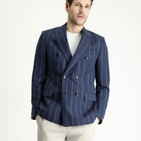 Dark Navy 6 Drop Regular Fit Double-Breasted Striped Linen Blend Jacket