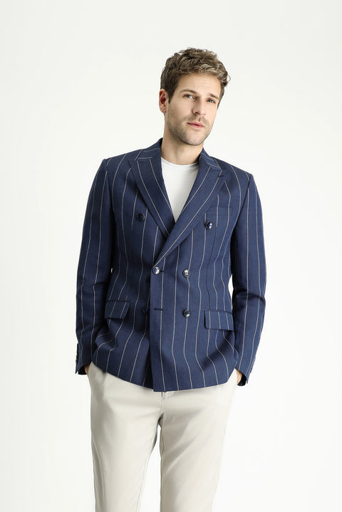 Dark Navy 6 Drop Regular Fit Double-Breasted Striped Linen Blend Jacket