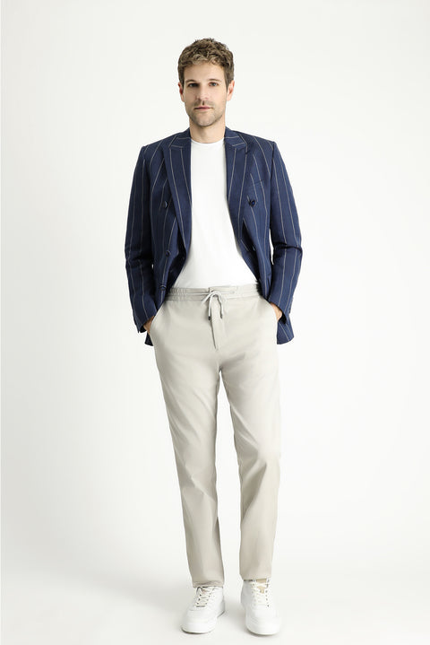 Dark Navy 6 Drop Regular Fit Double-Breasted Striped Linen Blend Jacket